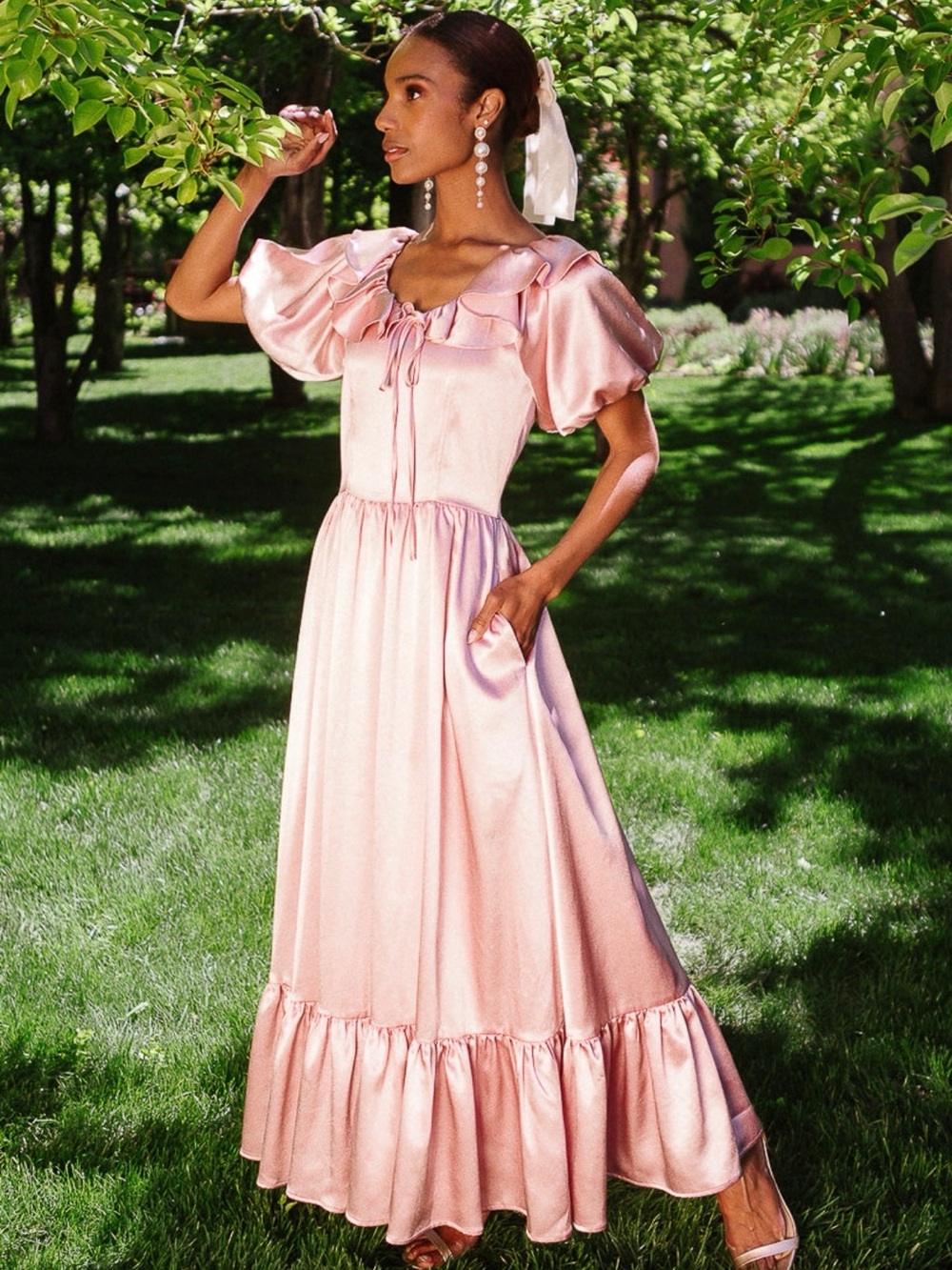 Ivy City Co Pink Satin Maxi Dress with Puff Sleeves